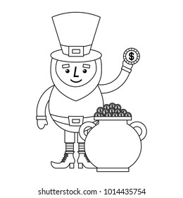cartoon leprechaun holding coin and pot money st patricks outline