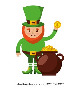 cartoon leprechaun holding gold coin and pot money st patricks