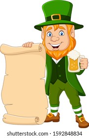 Cartoon Leprechaun holding a mug beer and scroll parchment 