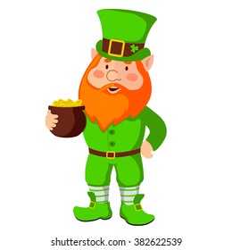 A cartoon leprechaun holding a pot of coins. 