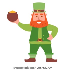 Cartoon Leprechaun holding a pot of gold.Happy St Patrick's Day.Leprechaun in green costumes and hat cartoon characters. Ireland traditional holiday symbol to the pub.