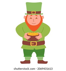 Cartoon Leprechaun holding a pot of gold.Happy St Patrick's Day. Ireland traditional holiday symbol to the pub.Isolated on white background.