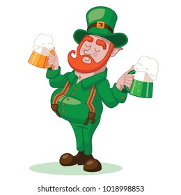 Cartoon leprechaun holding two beers. EPS10 vector illustration.