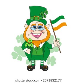 Cartoon leprechaun with Ireland's flag with bouquet of clover. St. Patrick's Day post card, decorative element. Shamrock luck symbol. 