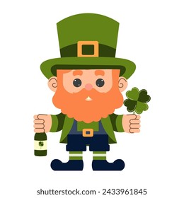 cartoon Leprechaun with Irish beer, clover. Vector illustration. St. Patrick's Day. Isolated object