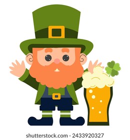 Cartoon Leprechaun mit irischem Bier Vektor-Illustration. St. Patrick's Day. Isoliertes Objekt.