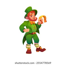 Cartoon leprechaun man character with golden horseshoe symbol of luck and wealth. Isolated vector redhead elf in traditional green outfit, personage of Saint Patrick day, Irish folklore and culture