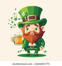 Cartoon Leprechaun Man Character Holding Beer Mug And Shamrock Leaves. St. Patrick's Day Concept.