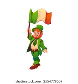 Cartoon leprechaun man character waving the Irish flag. Isolated vector fantasy personage dressed in traditional green attire, embodies Irish folklore and festive spirit of St Patrick Day celebrations