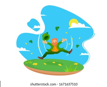 Cartoon Leprechaun Man holding Hat in Jumping Pose with Shamrock Leaves and Golden Coins on Abstract Sun Background.