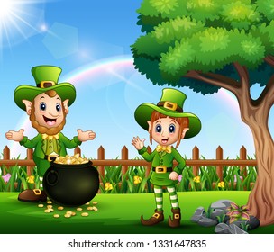 Cartoon leprechaun in the park for parade of Happy St. Patrick's Day celebration