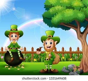 Cartoon leprechaun in the park for parade of Happy St. Patrick's Day celebration
