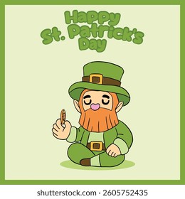 Cartoon leprechaun peacefully meditating while holding a gold coin, symbolizing luck and prosperity on St. Patrick’s Day