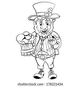 Cartoon Leprechaun with a pot of ale foam.  St. Patrick's Day. Drawing style black 
