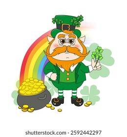 Cartoon leprechaun with pot of gold with bouquet of clover. St. Patrick's Day post card, decorative element. Shamrock luck symbol.