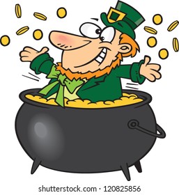 cartoon leprechaun in a pot of gold filled with gold coins