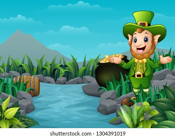 Cartoon leprechaun and a pot of gold in the nature