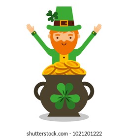 cartoon leprechaun with pot golden coins treasure
