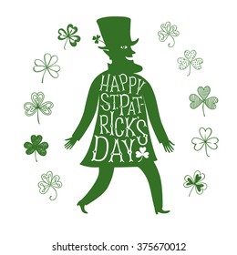 Cartoon leprechaun silhouette with doodle shamrocks and lettering. Patrick's Day illustration with greeting.