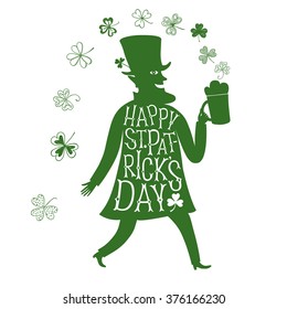 Cartoon leprechaun silhouette holding beer. Including doodle shamrocks and lettering. Patrick's Day illustration with greeting.