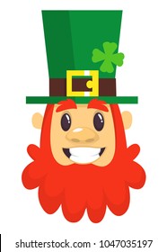 Cartoon Leprechaun smiling. Head with Red beard. Portrait for St. Patricks Day. Vector illustration