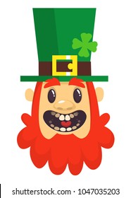 Cartoon Leprechaun smiling. Head with Red beard. Portrait for St. Patricks Day. Vector illustration