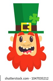 Cartoon Leprechaun smiling. Head with Red beard. Portrait for St. Patricks Day. Vector illustration