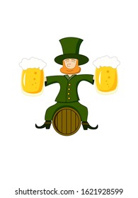 Cartoon Leprechaun smiling sits on a barrel with two pints of beer in his hands. Traditional national character of Irish folklore. Isolated on white background