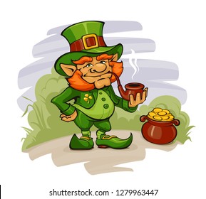 Cartoon Leprechaun with a Smoking Pipe Guarding His Precious Pot of Gold.