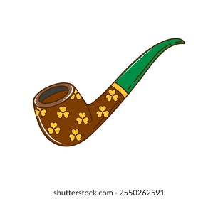 Cartoon leprechaun smoking pipe, cartoon retro groovy saint Patrick day holiday objects, Isolated vector tool, carved from rich wood, with slender stem, adorned with golden clover or shamrock leaves