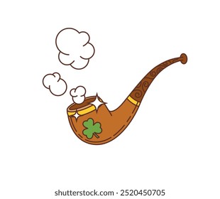 Cartoon leprechaun smoking pipe, saint Patrick day holiday item, its slender stem adorned with clover or shamrock leaves, wisps of enchanted smoke swirl, weaving tales of hidden treasures and magic