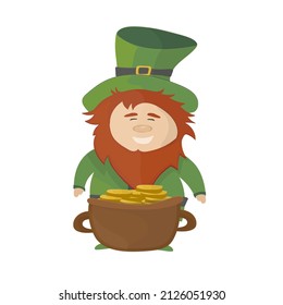 Cartoon Leprechaun - St Patricks Day character with a pot of gold. Traditional Irish holiday character on white background. Saint Patricks Day