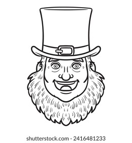 Cartoon Leprechaun St Patrick's Day leprechaun head. monochrome outline