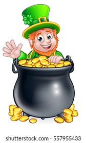 A cartoon Leprechaun St Patricks Day character peeking over a pot of gold and waving