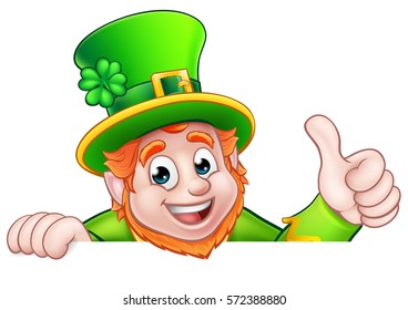 Caricatura Leprechaun St Patricks Caracter asomando un cartel y dándole un pulgar hacia arriba