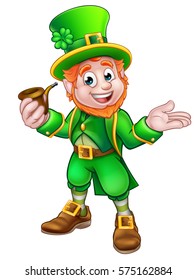 Cartoon Leprechaun St Patricks Day character holding a pipe 