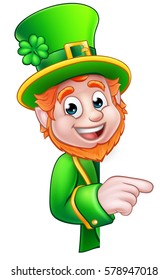 Cartoon Leprechaun St Patricks Day character peeking around a sign and pointing