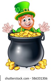 A cartoon Leprechaun St Patricks Day character with a pot of gold coins