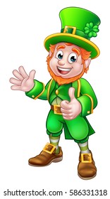 Caricatura Leprechaun St Patricks Caracter agitando y dando un pulgar hacia arriba