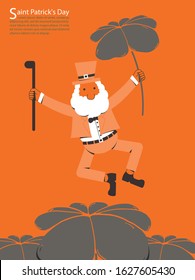 Cartoon of Leprechaun with staff and shamrock in his hand.illustration St. Patrick's Day for a postcard.