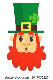 Cartoon Leprechaun surprised. Head with Red beard. Portrait for St. Patricks Day celebration in Ireland