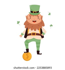 Cartoon leprechaun in traditional costume and top hat standing on a golden coin. St Patrick's day card. Funny Irish character isolated on white background