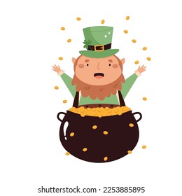 Cartoon leprechaun in traditional costume and top hat sitting in a pot of gold. St Patrick's day card. Funny Irish character isolated on white background