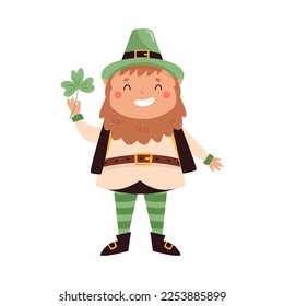 Cartoon leprechaun in traditional costume and top hat standing with a clover. St Patrick's day card. Funny Irish character isolated on white background