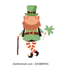Cartoon leprechaun in traditional costume and top hat standing with a clover and cane. St Patrick's day card. Funny Irish character isolated on white background
