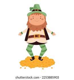 Cartoon leprechaun in traditional costume and top hat dancing on a pile of gold. St Patrick's day card. Funny Irish character isolated on white background