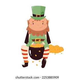 Cartoon leprechaun in traditional costume and top hat sitting on a pile of gold. St Patrick's day card. Funny Irish character isolated on white background