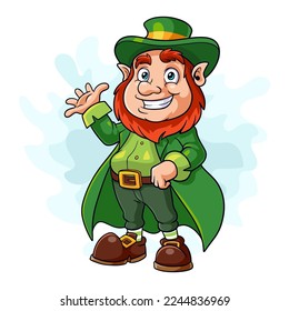 Cartoon leprechaun waving on white background