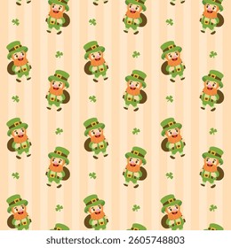 Cartoon leprechauns carrying gold bags with shamrocks in a seamless pattern, great for festive St. Patrick’s Day designs
