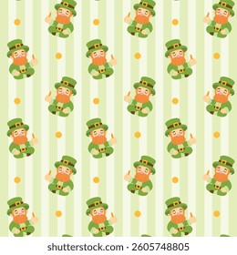 Cartoon leprechauns sitting in meditation while holding gold coins, repeated on green striped background for St. Patrick’s Day themes